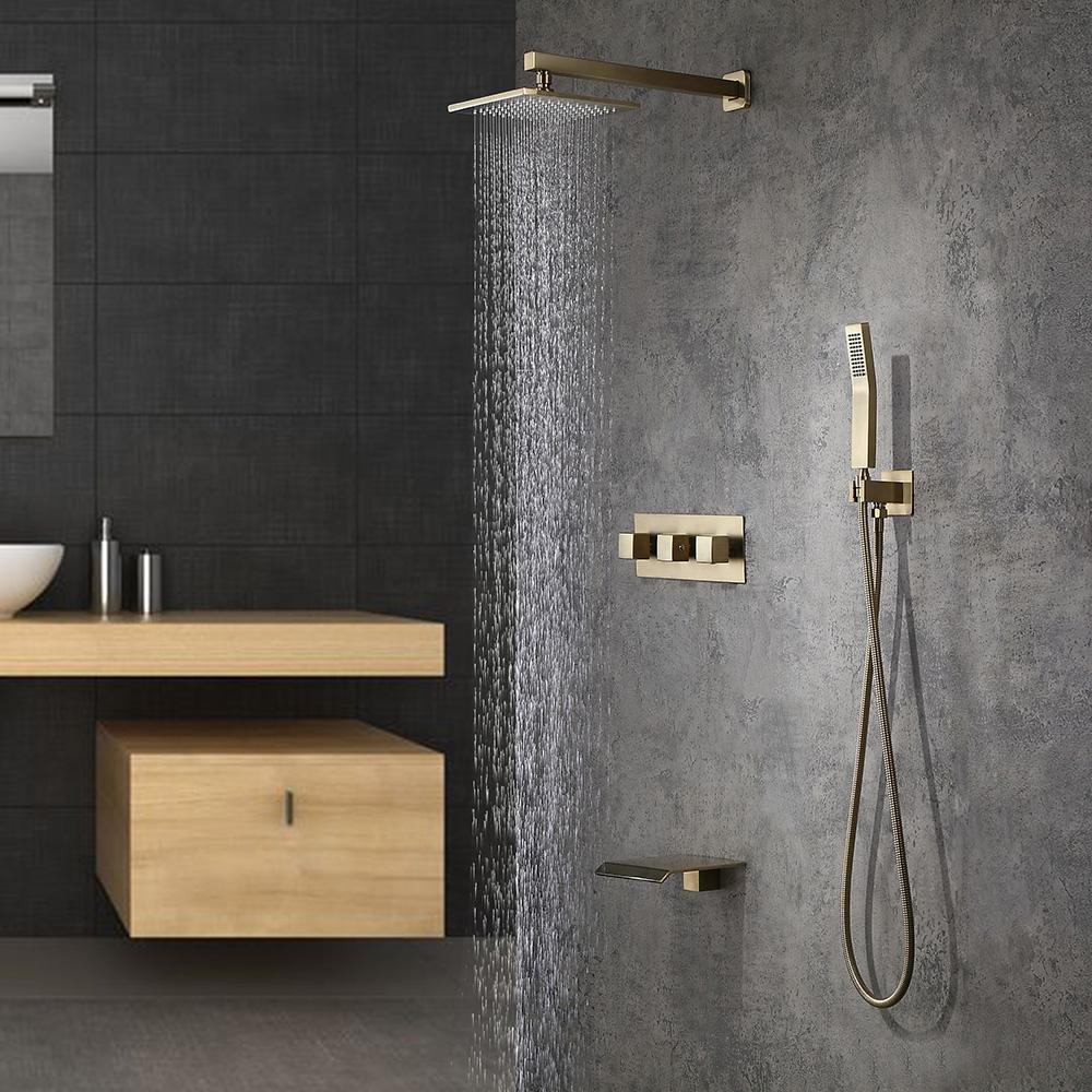 Wall-Mounted 10" Shower System in Brushed Gold with Tub Spout Solid Brass