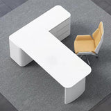 Weißer Chefschreibtisch in L-Form. Großer Home-Office-Schreibtisch mit Schubladen und Schrank für die rechte Hand