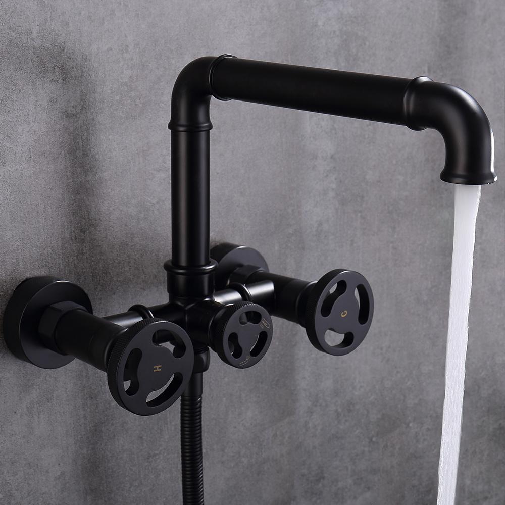 Ruth Industrial Pipe Wall Mounted Bathtub Filler Faucet with Hand Shower Solid Brass