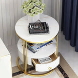 Modern White Round Nightstand with Marble-Top & Drawer & Shelf in Gold Base