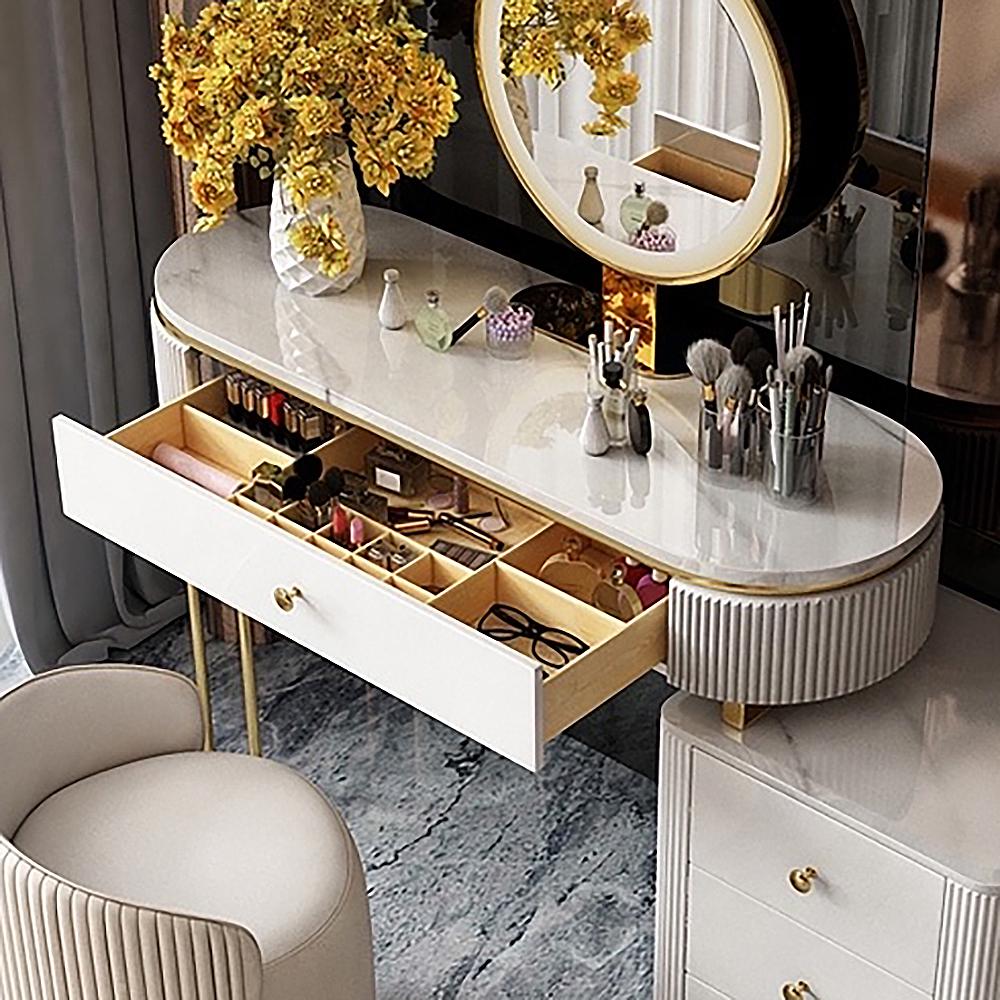 Tocador de maquillaje de lujo estilo europeo, mesa de tocador con espejo  grande y taburete tapizado, mesa de maquillaje con 4 cajones, muebles de