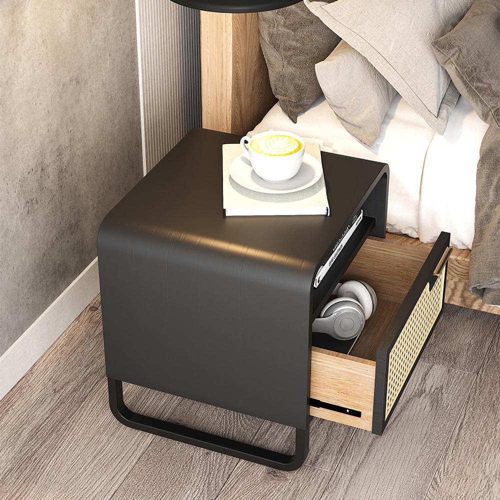 Minimalist Black Nightstand Rattan Woven Bedside Table with 1 Drawer