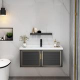 36" schwarzes schwebendes Badezimmer-Waschtisch-Set Drop-In-Keramik-Waschbecken mit Unterschrank