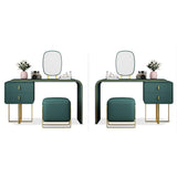 طاولة خلع الملابس الخضراء للمكياج القابلة للتوسيع مع المرآة والخزانة الجانبية والبراز