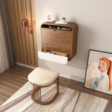 Walnut Makeup Vanity and Cushioned Stool Set Wall Mounted Vanity Table & Movable Mirror