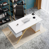 55" Ultra Modern White and Gold Computer Writing Desk with Storage & Drawer