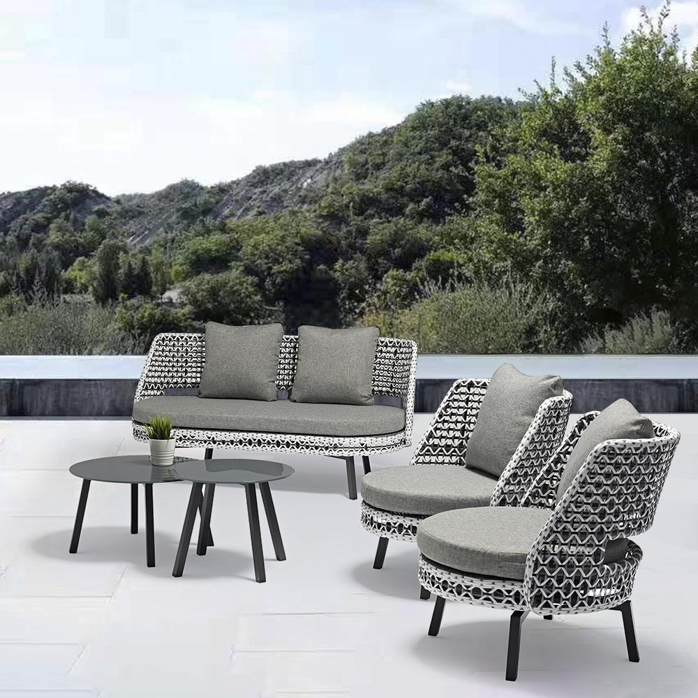 5-Pieces Rattan Patio Conversation Set with Rotating Armchair and Round End Table
