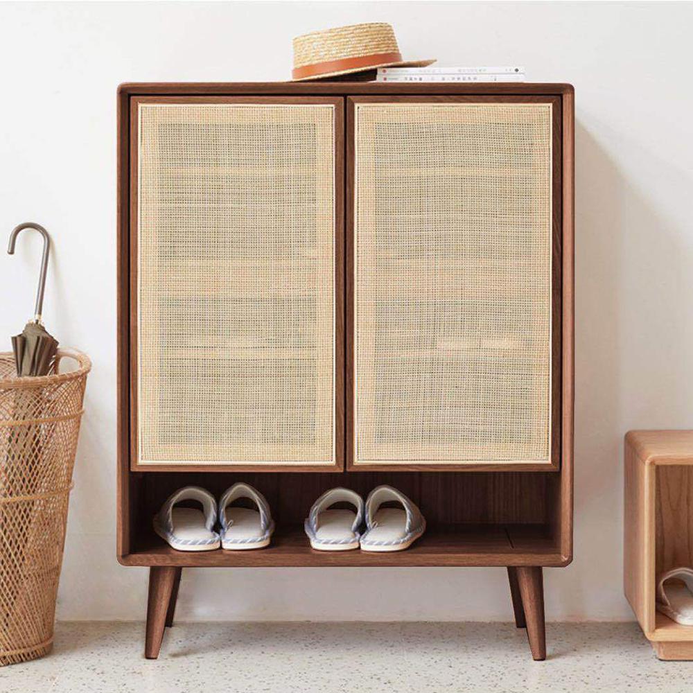 Farmhouse Natural Shoe Storage Cabinet Rattan 2 Doors 4 Shelves Entryway Shoe Cabinet Walnut