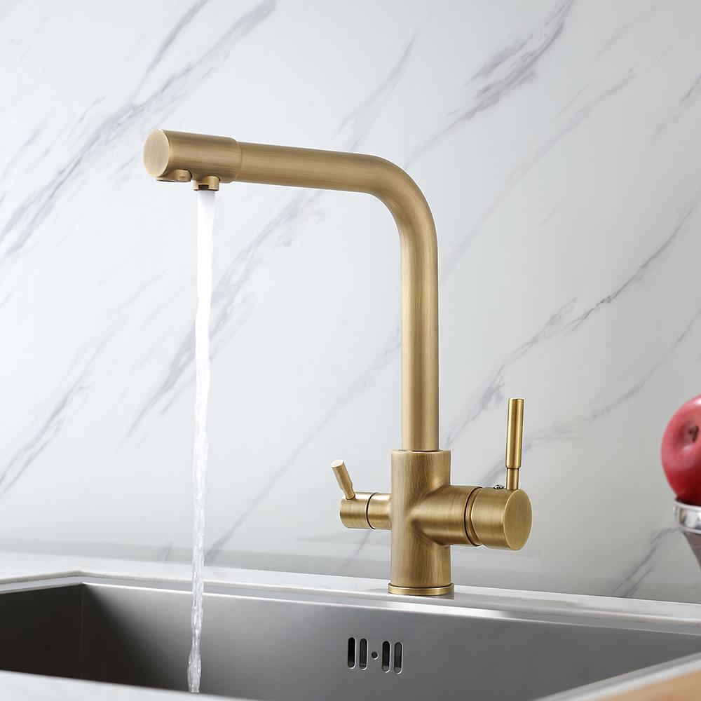 Stev Antique Brass Single Hole Dual Handle Kitchen Faucet with Water Filtering