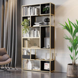 78" Modern Black Steel Geometric Bookcase 6-Tier Bookshelf Wooden Tall Book Shelf
