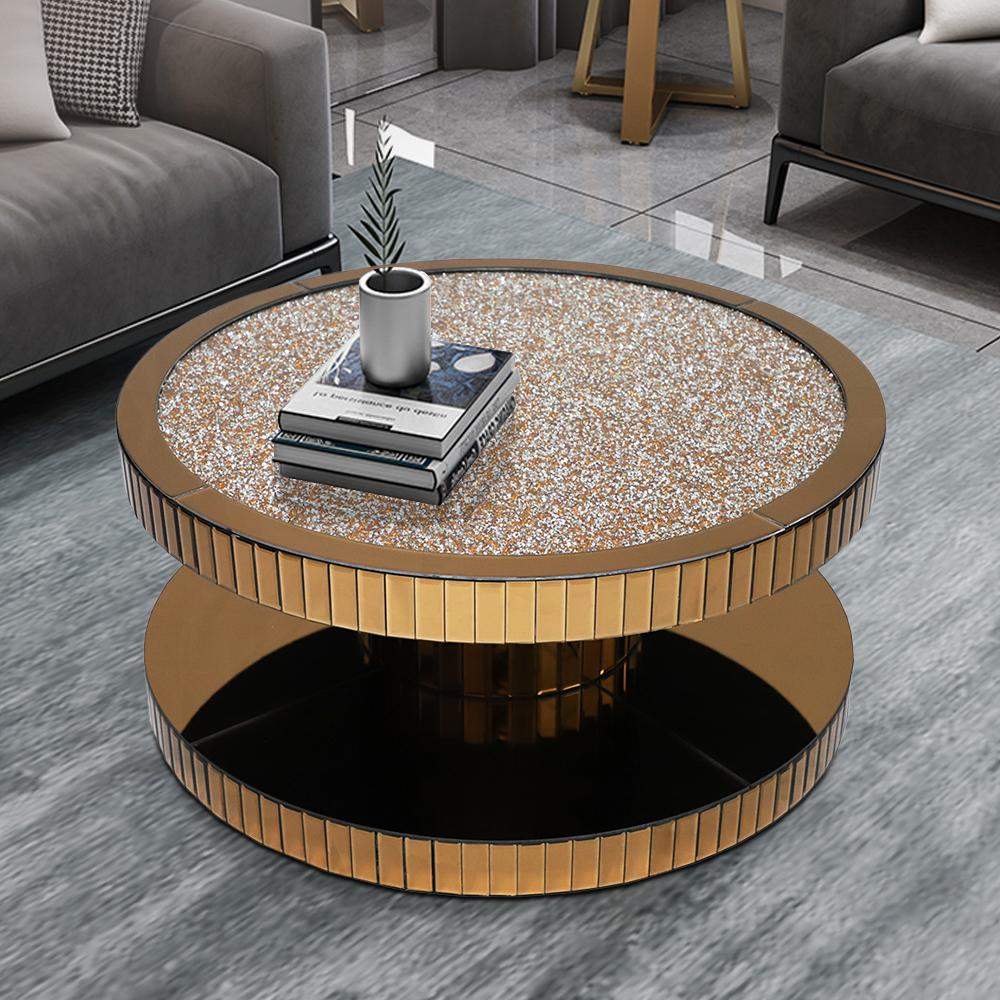 Dumbbell Gold Glass Coffee Table with Glitter Accents Cocktail Table-Coffee Tables,Furniture,Living Room Furniture