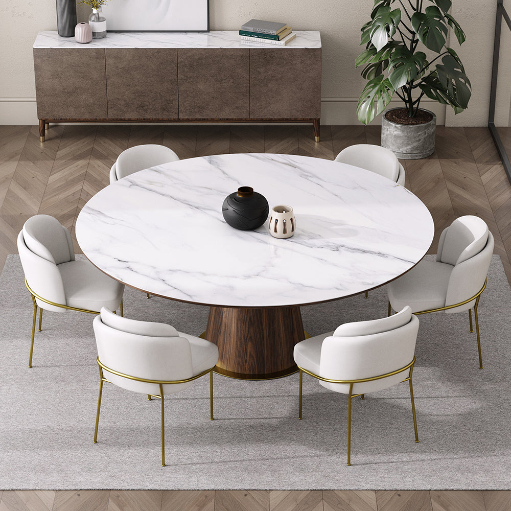 Mid Century 47" Round Dining Table White Faux Marble Tabletop for 6 Person Wooden Base
