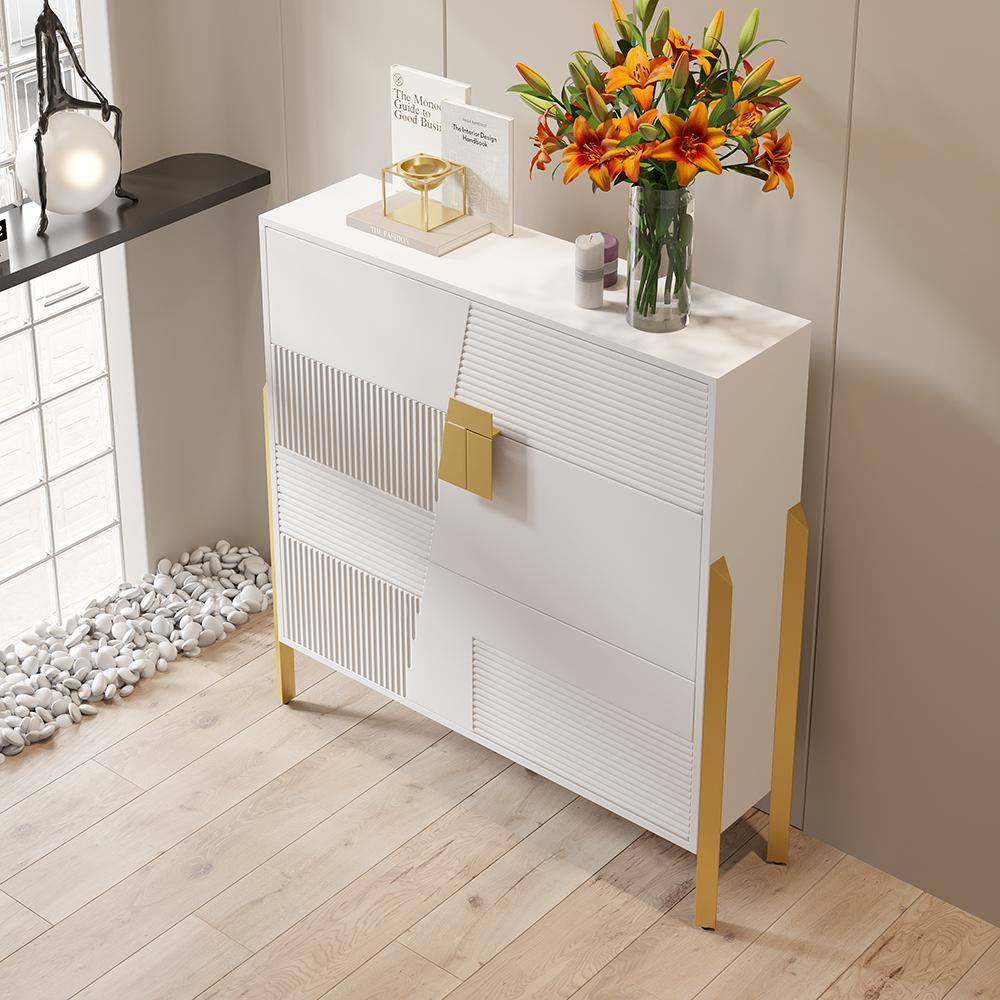 White Contemporary Upholstered Shoe Rack Bench with Storage Cabinet and Shelf  Entryway-Wehomz