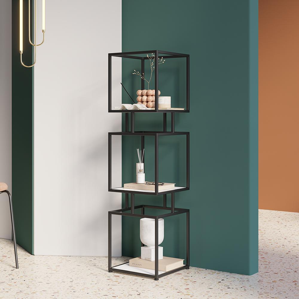 3-Tier Modern Black Cube Bookcase with Metal Tower Display Shelf in Gold Frame