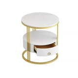 Modern White Round Nightstand with Marble-Top & Drawer & Shelf in Gold Base