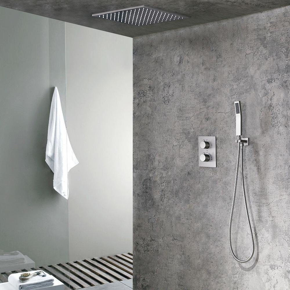 Modern 16" Rain Thermostatic Shower Faucet Brushed Nickel Shower System with Hand Shower