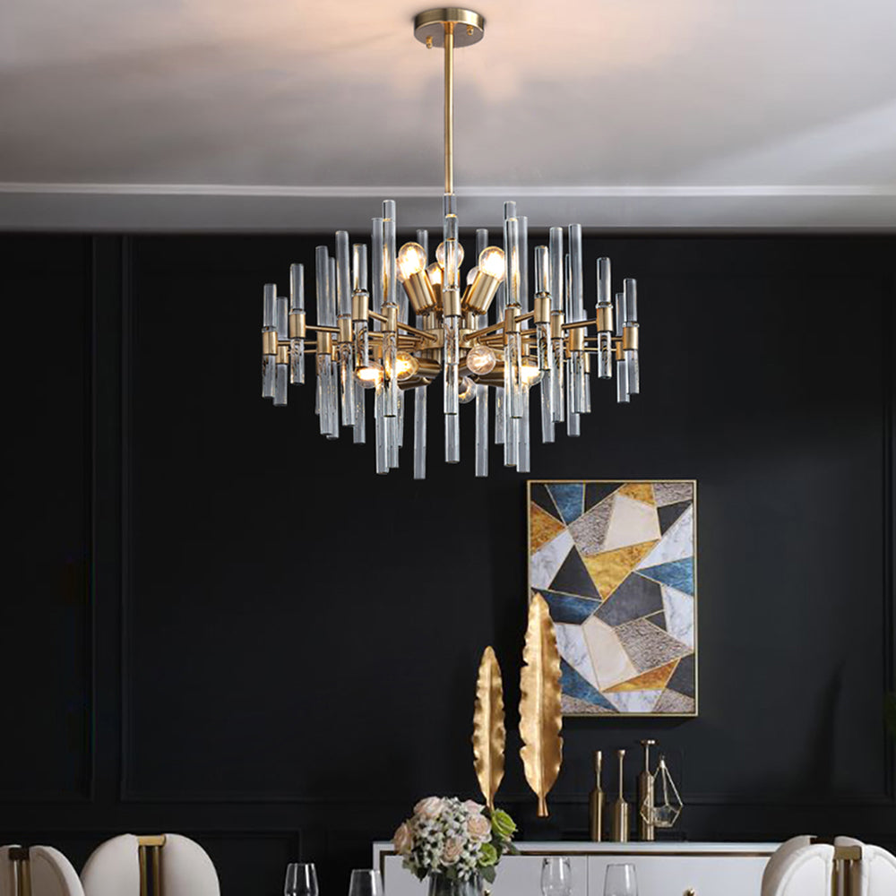 Contemporary 14-Light Glass Living Room Chandelier in Brass