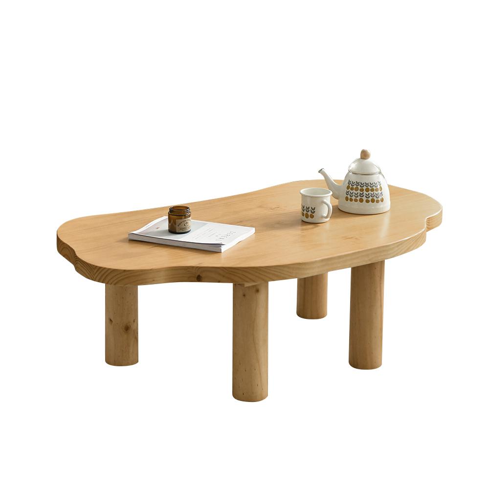Farmhouse Pine Wood Coffee Table Cloud Shaped in Natural with 4 Legs