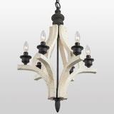Retro Reclaimed Distressed White Wood & Black Metal 6-Light Chandelier with Candle Light