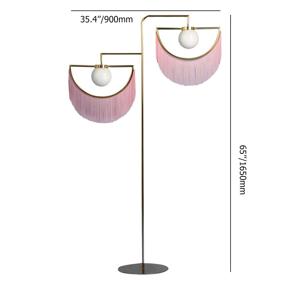 2-Light Linear Floor Lamp with Pink Fringes Macrame and Gold Tones Hanging