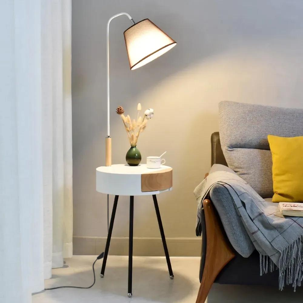 Arc Black LED Wooden End Table Tripod Floor Lamp Fabric Shade