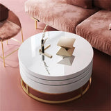 White Round Modern Wood Swivel Coffee Table with Storage Drawer in Gold