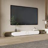 Moderner ausziehbarer ovaler TV-Ständer aus Metall mit 4 Schubladen in Gold und Weiß für Fernseher bis zu 120 Zoll