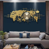 59.1インチ x 22.8インチ ラグジュアリー ゴールデン メタル 特大 世界地図 壁掛け時計 ホームデコレーション