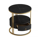 Modern White Round Nightstand with Marble-Top & Drawer & Shelf in Gold Base