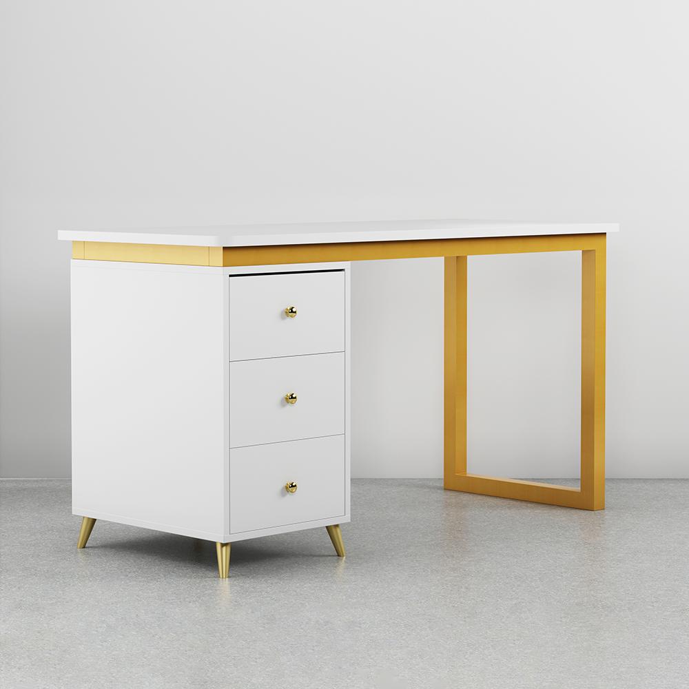 Modern 55" Wooden Home Office White Computer Desk with 3 Drawers & Side Cabinet in Gold