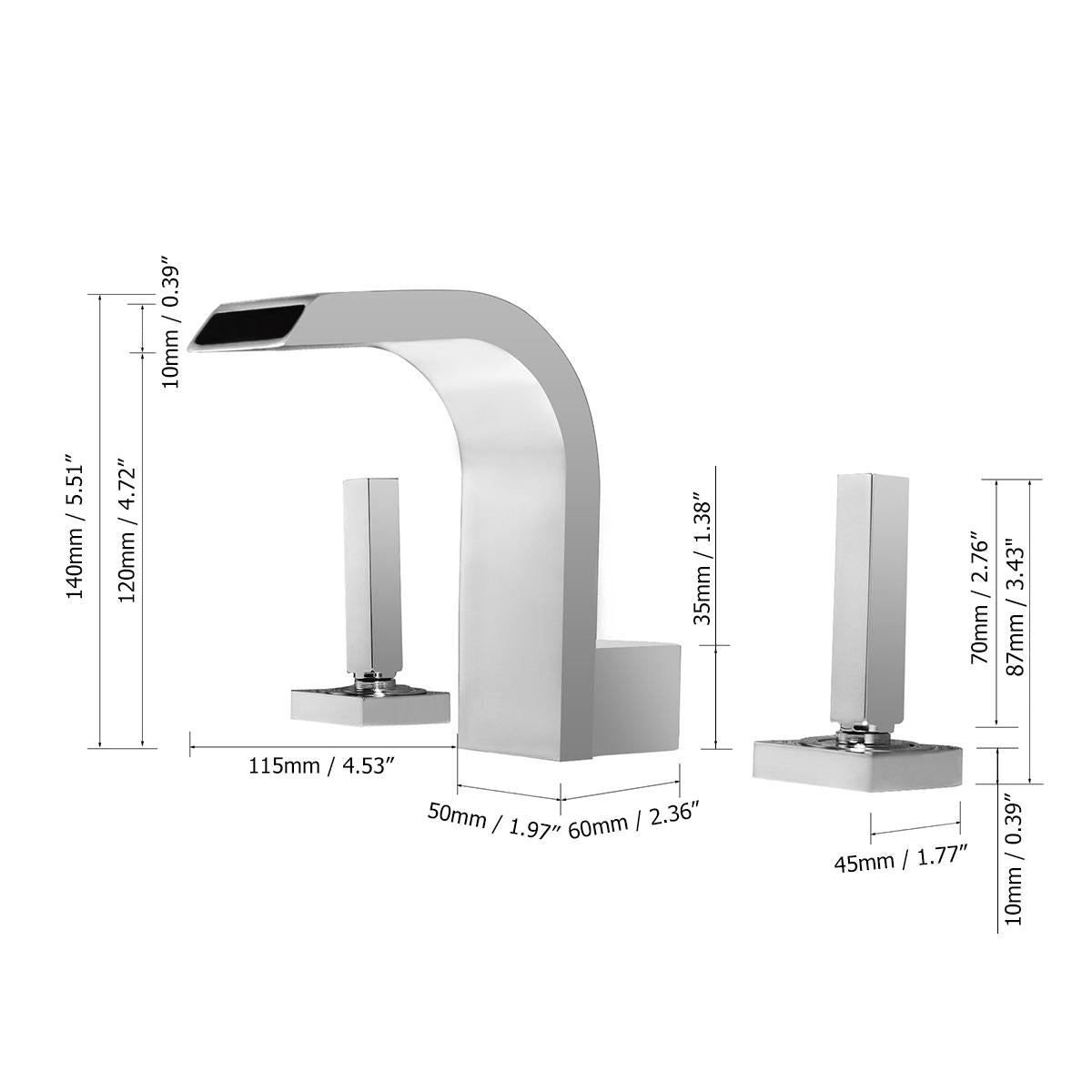 Contemporary Widespread Waterfall Spout Deck Mounted Bathroom Sink Faucet Double Handle Solid Brass in Polished Chrome