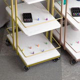 عربة شريط متداول ثلاثية المستويات مع عجلات رفوف رخامية بيضاء الذهب
