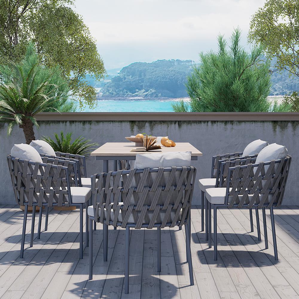 7Pcs Mid Century Modern Aluminum Outdoor Dining Set for 6 with Wood Table Natural & Gray