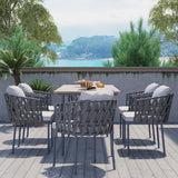 7pcs Mid Century Modern Aluminium Outdoor Dining Ensemble pour 6 avec table en bois Natural & Grey