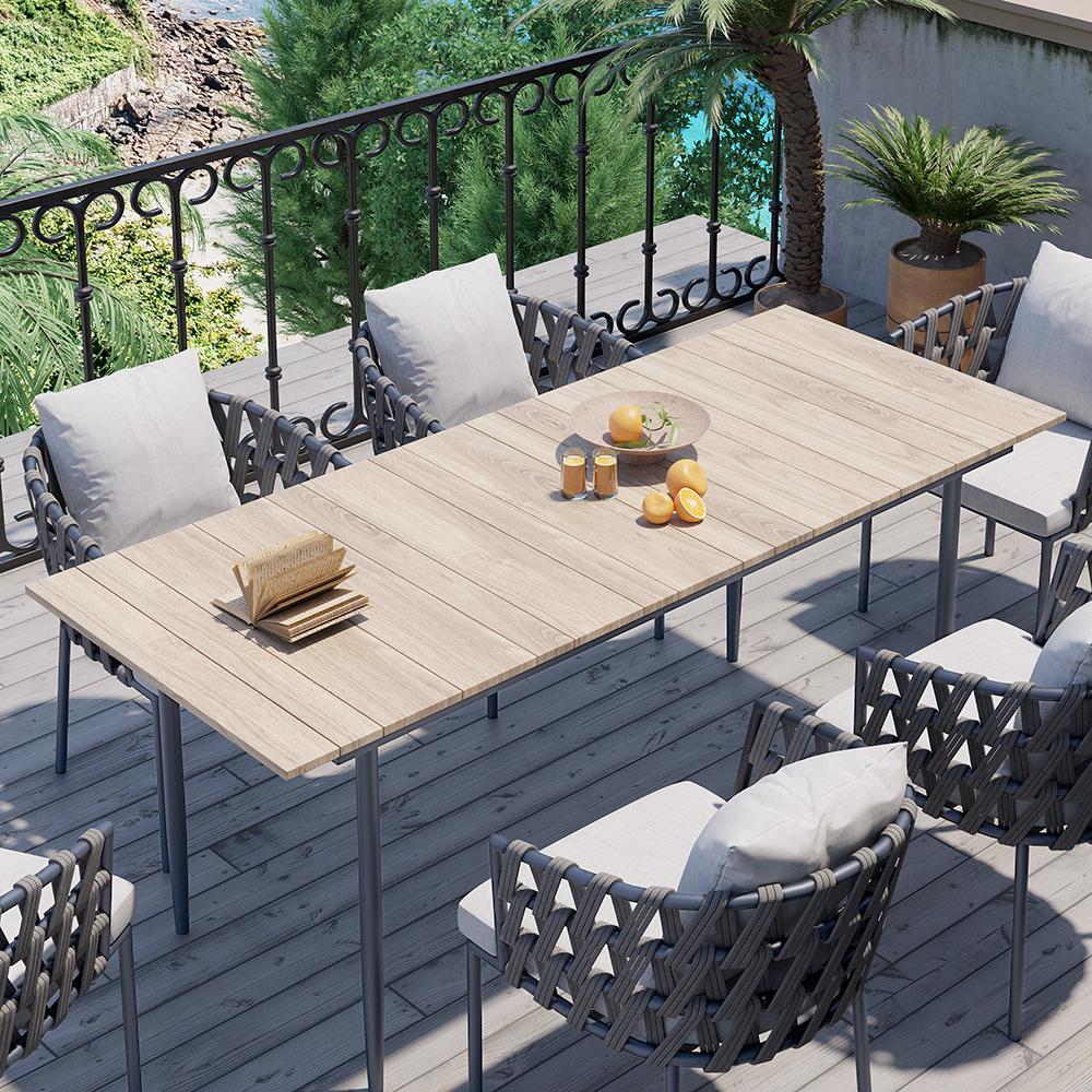 7Pcs Mid Century Modern Aluminum Outdoor Dining Set for 6 with Wood Table Natural & Gray