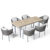 7-teiliges Mid-Century-Modern-Aluminium-Ess-Set für 6 Personen mit Holztisch in Natur und Grau