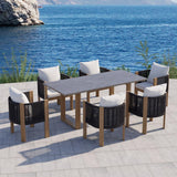 7-teiliges modernes Ess-Set für den Außenbereich mit Tisch mit Marmorplatte und Stuhl aus geflochtenem Seil in Grau