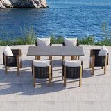 7 Pieces Modern Outdoor Dining Set with Marble Top Table and Woven Rope Chair in Gray