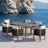 7 pièces Ensemble de restauration extérieure moderne avec table en marbre et chaise de corde tissée en gris