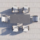 Juego de comedor moderno para exteriores de 7 piezas con mesa superior de mármol y silla de cuerda tejida en gris