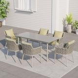 7 Pieces Modern Outdoor Dining Set Rectangle Marble Top Table Chair Gray