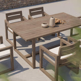 7 قطع الطعام الحديثة في الهواء الطلق مجموعة مع طاولة خشب الساج المستطيل وكرسي في الطبيعة