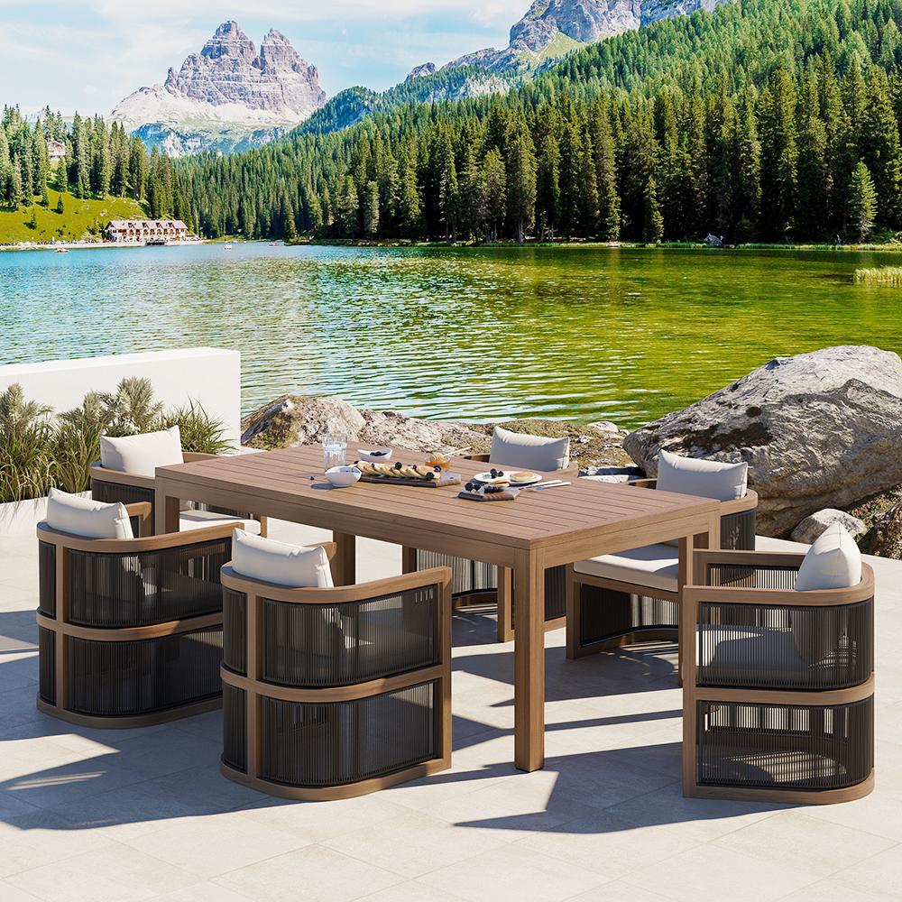 7 Pieces Outdoor Dining Set For 6 with Rectangle Table & Rope Woven Armchair in Natural