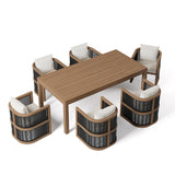 Juego de comedor de exterior de 7 piezas para 6 personas con mesa rectangular y sillón tejido de cuerda en color natural