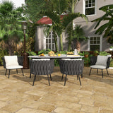 7 Pieces Outdoor Dining Set with Faux Marble Top & Aluminum Table and Rope Woven Chair