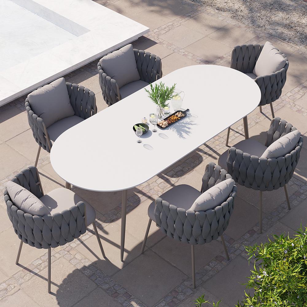 Malmo - Juego de 7 muebles de mimbre de resina para exteriores, mesa de  comedor en color natural con mesa de comedor y seis sillas acolchadas  (mimbre