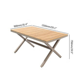 長方形のテーブルとナチュラルで編まれた籐製アームチェアを備えた7ピースの屋外ダイニングセット