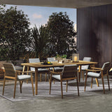 Juego de comedor para patio exterior de 7 piezas con mesa y silla de madera de teca en color natural y gris