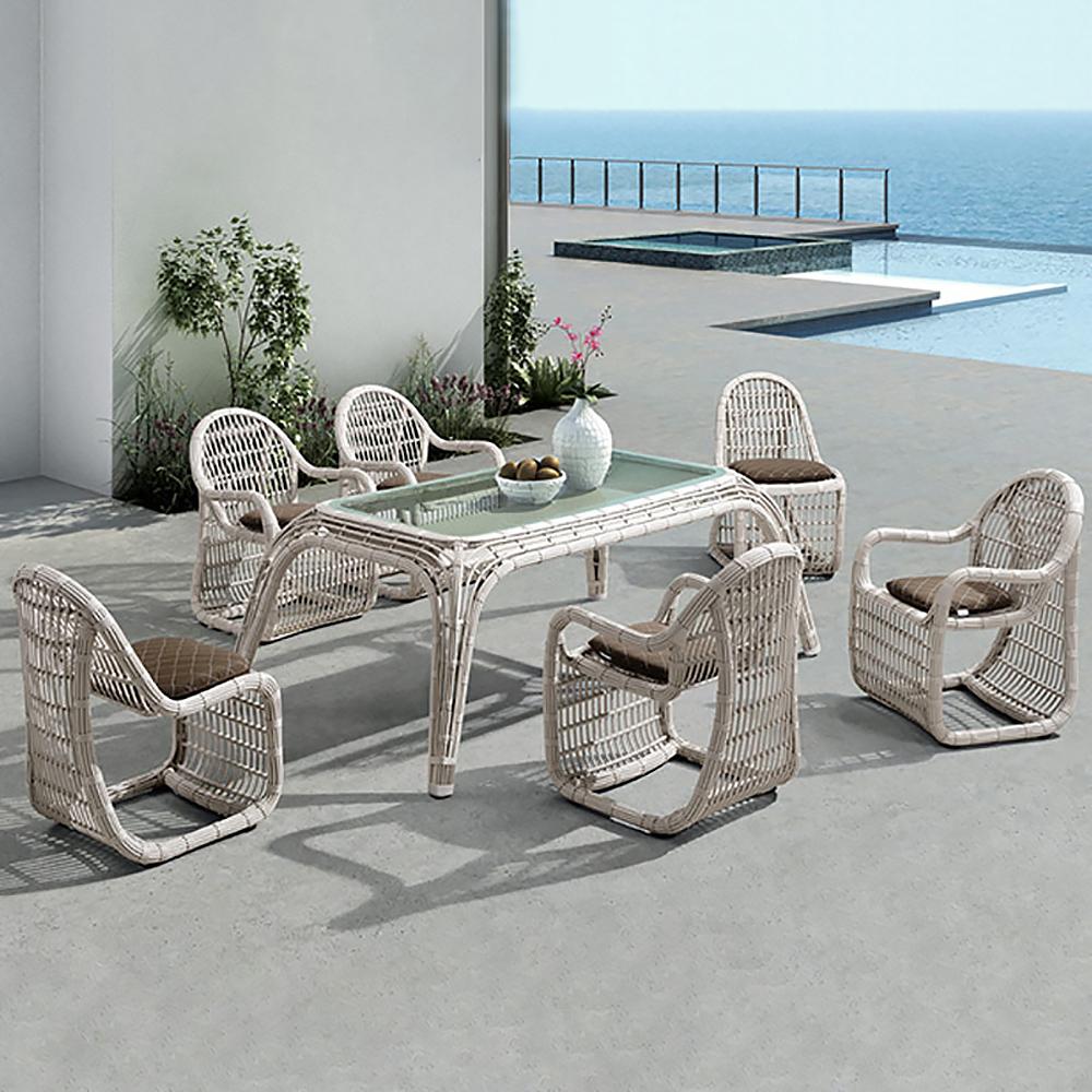 7 Pieces Rattan Woven Outdoor Dining Set with Barrel Chair and Glass-top Dining Table