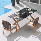 Juego de comedor de exterior de madera de teca de 3 piezas con mesa superior de vidrio y sillón de ratán en color natural